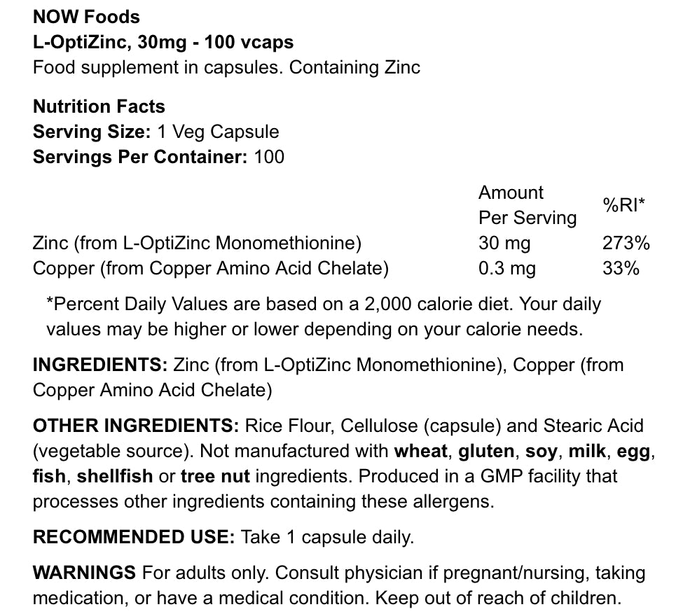 NOW FOODS - L-OPTIZINC - 30MG - 100PCS