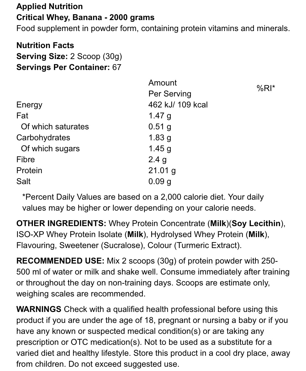 APPLIED NUTRITION - CRITICAL WHEY - WHEY PROTEIN POWDER - 2000G