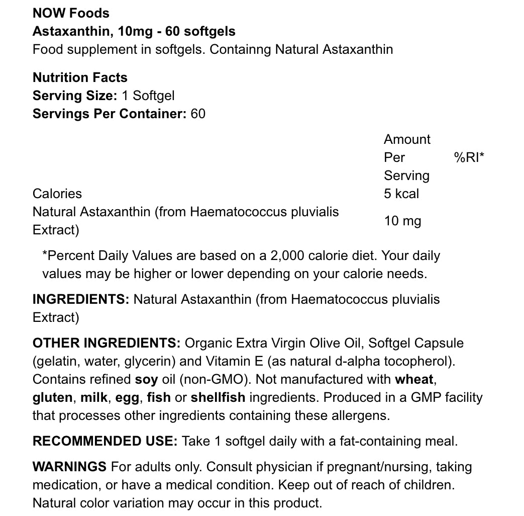 NOW FOODS - ASTAXATHIN - 10MG - 60 PCS