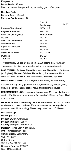 ENZYMEDICA - DIGEST BASIC - DIGESTION TABLETS - 30 PCS