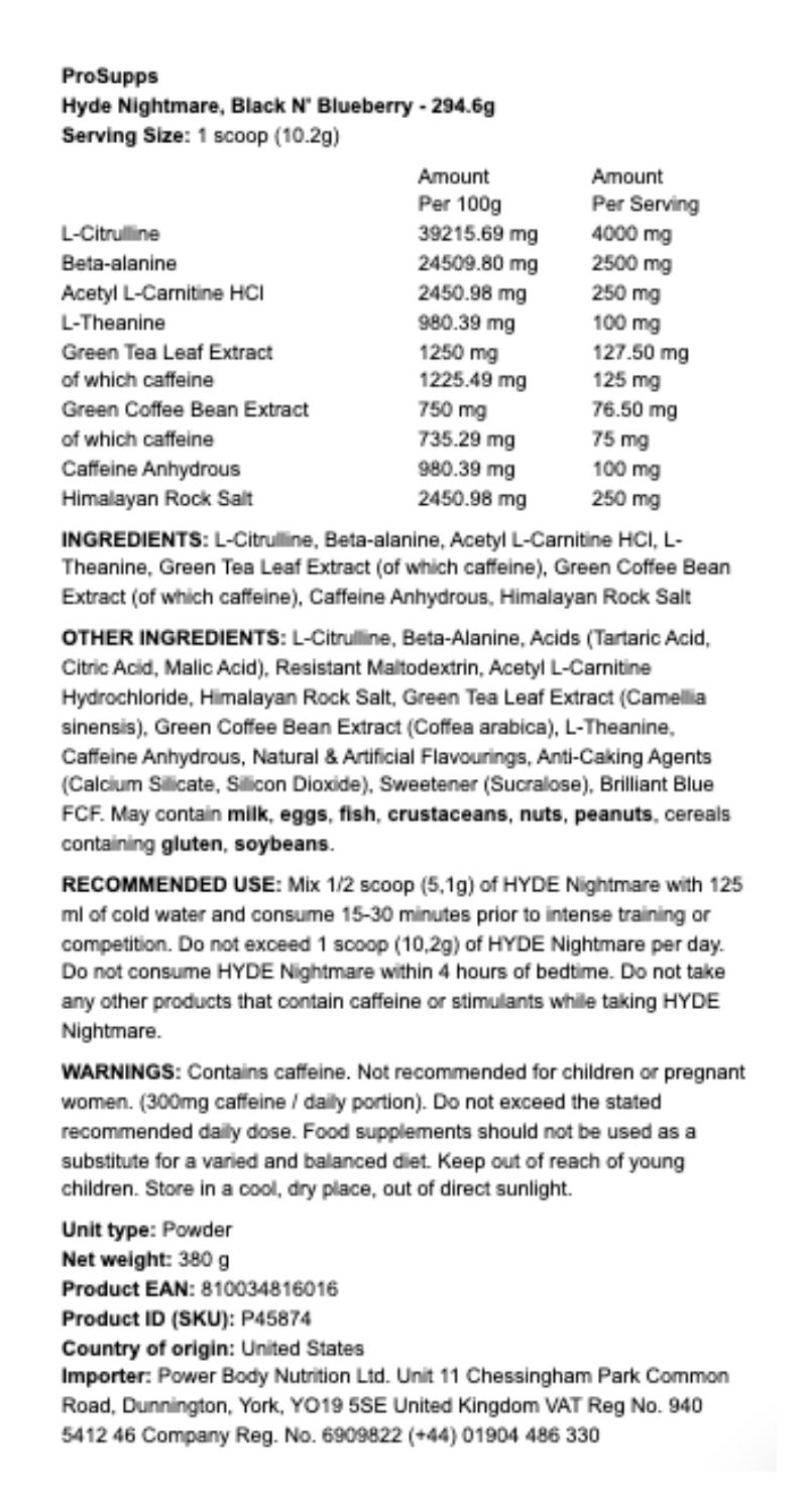 PRO SUPPS - HYDE NIGHTMARE - CHARGING DRINK POWDER - 295 / 327G