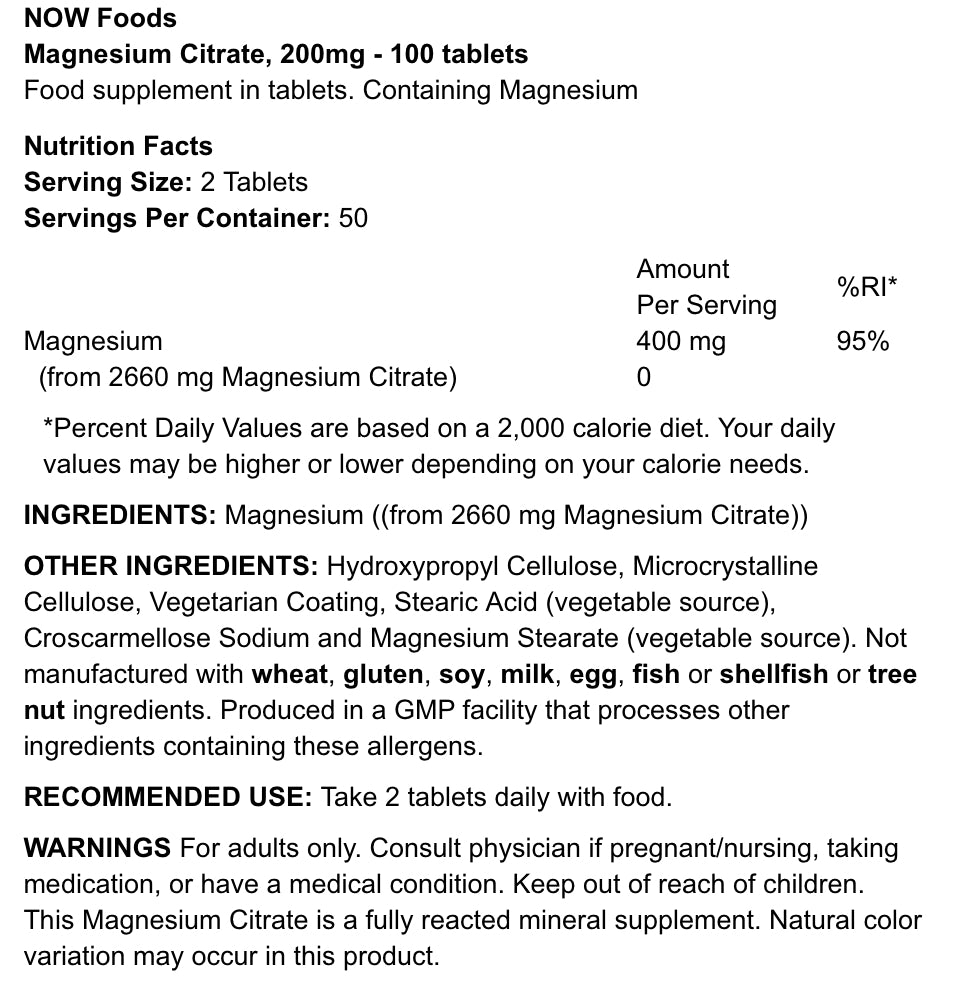 NOW FOODS - MAGNESIUM SITRAATTI - 200MG - 100KPL