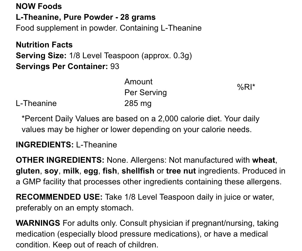 NOW FOODS - L-TEANIINI - 100% PUHDAS JAUHE - 28G