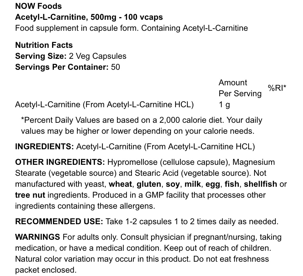 NOW FOODS - ASETYYLI-L-KARNITIINI - 500MG - 100KPL