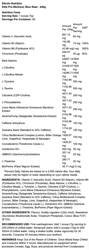 EFECTIV NUTRITION - ELITE PREMIUM WORKOUT INTENSIFIER - LATAUSJUOMA-JAUHE - 420G
